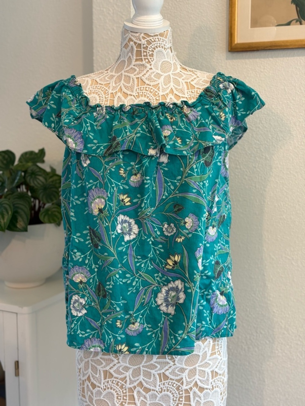 LOFT Linen Boho Green Floral Ruffle Off-Shoulder Top- size M